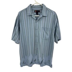 Earthbound Mens Blue 100% Silk Nautical Sailboat Striped Camp Shirt Size M
